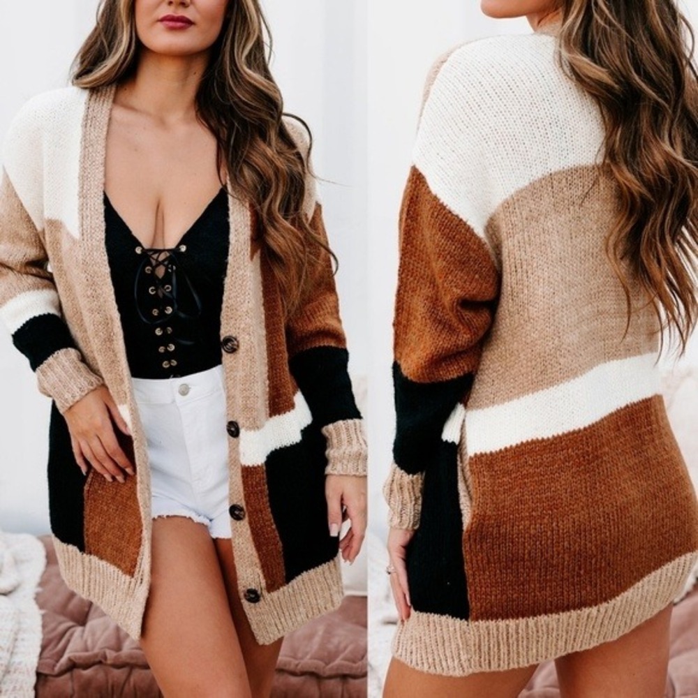 Lush Womens Multicolor Colorblock Knit Cardigan Sweater Button Front Relaxed Fit